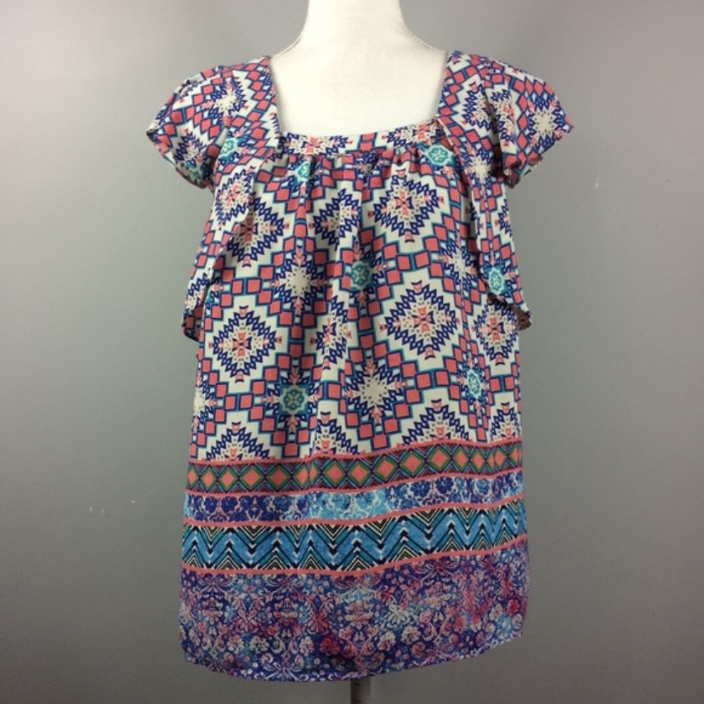 Meadow Rue Blue Pink Flutter Sleeve Top Size 6